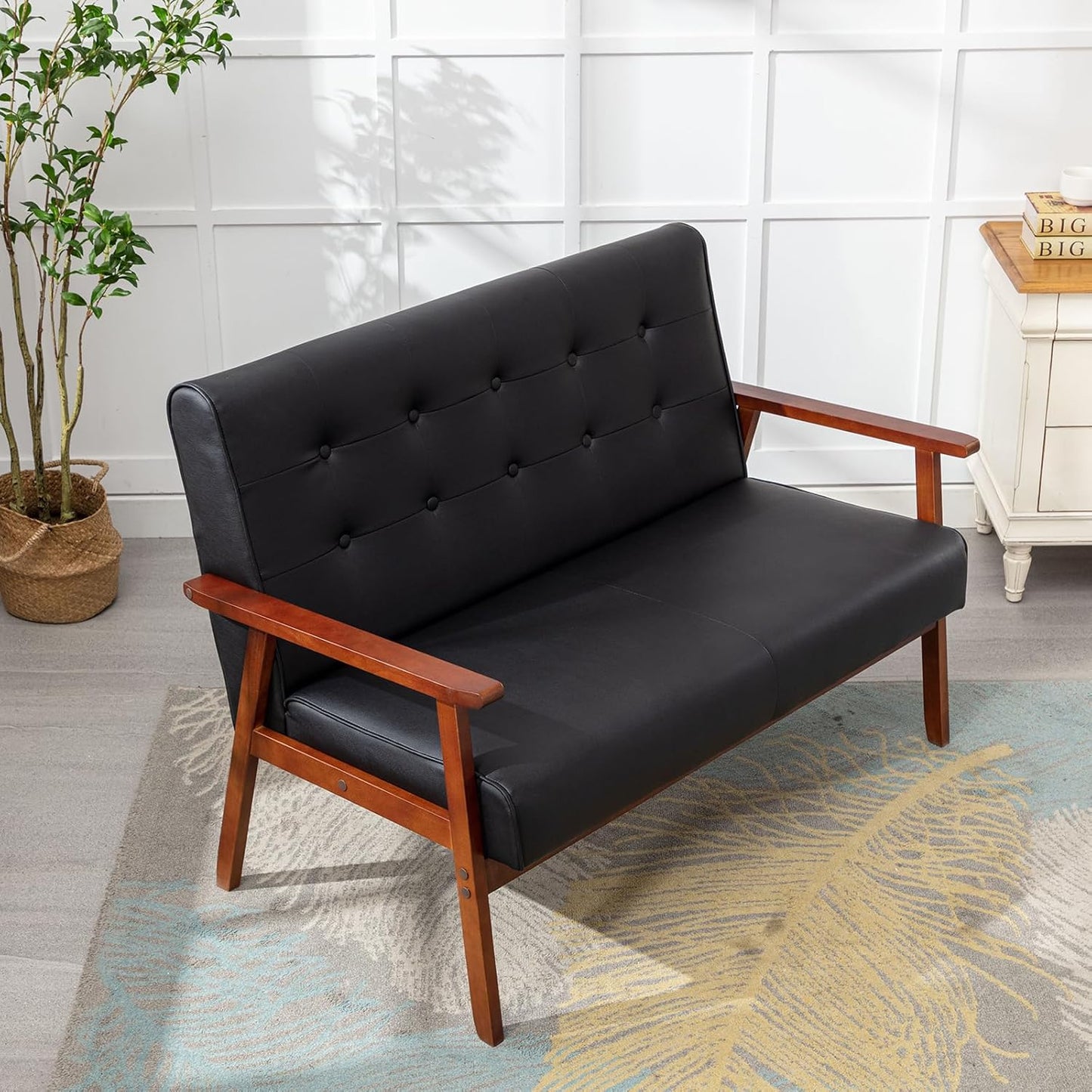 JIASTING Mid-Century Modern Solid Loveseat Sofa Upholstered Faux Leather Couch 2-Seat Wood Armchair Living Room/Outdoor Lounge Chair, Waiting Room Sofa, 50”W