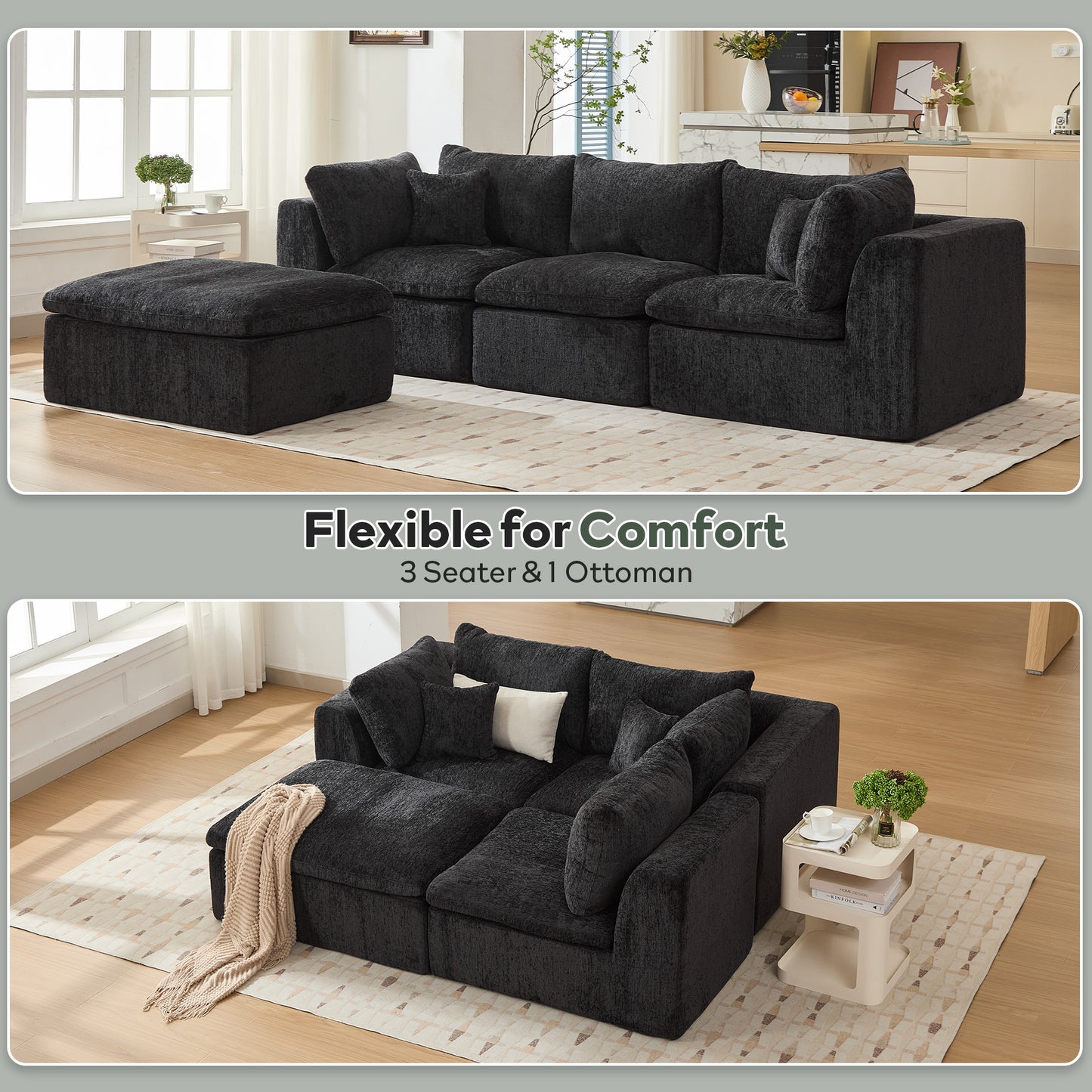 STHOUYN 145” Modern Black U Shape Sectional Couches for Living Room, Black Modular Cloud Sofa Boneless Couch with Ottoman, Comfy Big Oversized Corner Couch (Black, 4 Seater + 2 Ottoman)