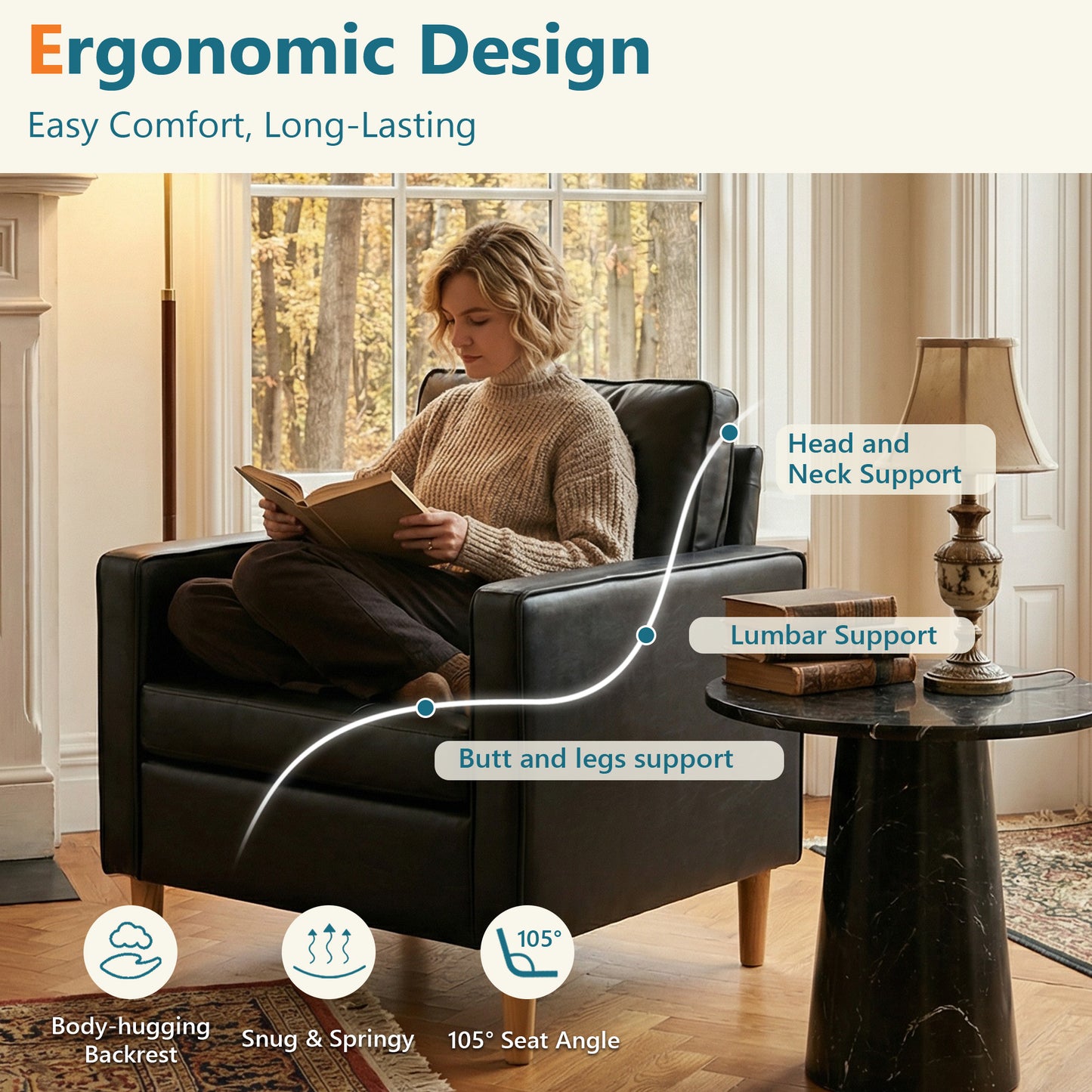 STHOUYN Comfy Reading Accent Chair for Living Room, Black Leather Oversized Accent Lobby Chairs Set of 2, Office Waiting Room Chairs with Arms, Club Chairs (Black, 2PCS)