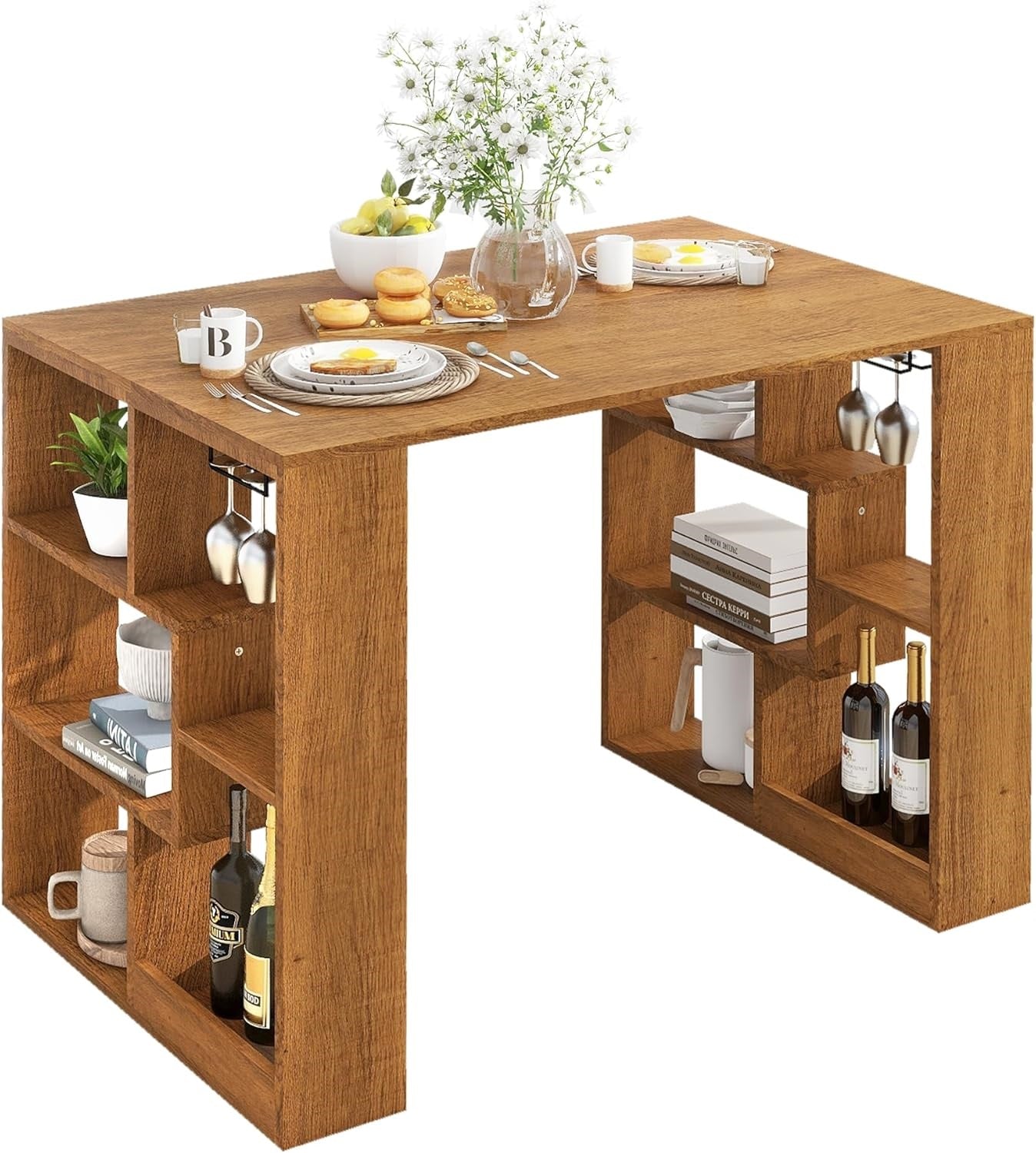 Coewske Wooden Dining Table Small Rectangle Kitchen Table w/ Storage Shelf Walnut