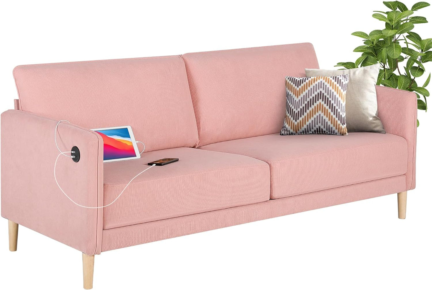 Coewske 77'' W Upholstered Corduroy Fabric Sofa Comfy Loveseat Couch with USB Charger Ports Pink