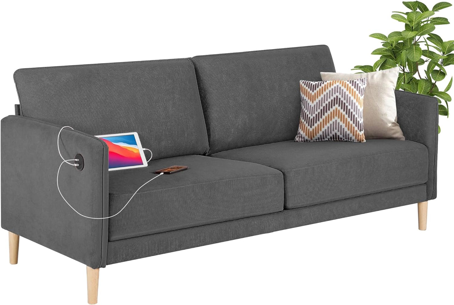 Coewske 77'' W Upholstered Corduroy Fabric Sofa Comfy Loveseat Couch with USB Charger Ports Gray