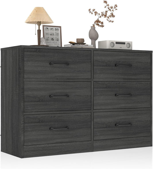 Coewske 6 Drawer Dresser 40'' Wood Dresser Chests of Drawers for Bedroom w/ Fabric Drawers Black