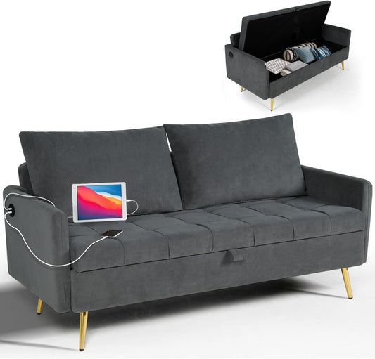 Coewske 60'' W Velvet Loveseat Sofa Couch w/ Storage Space & 2 USB Charging Ports Dark Gray