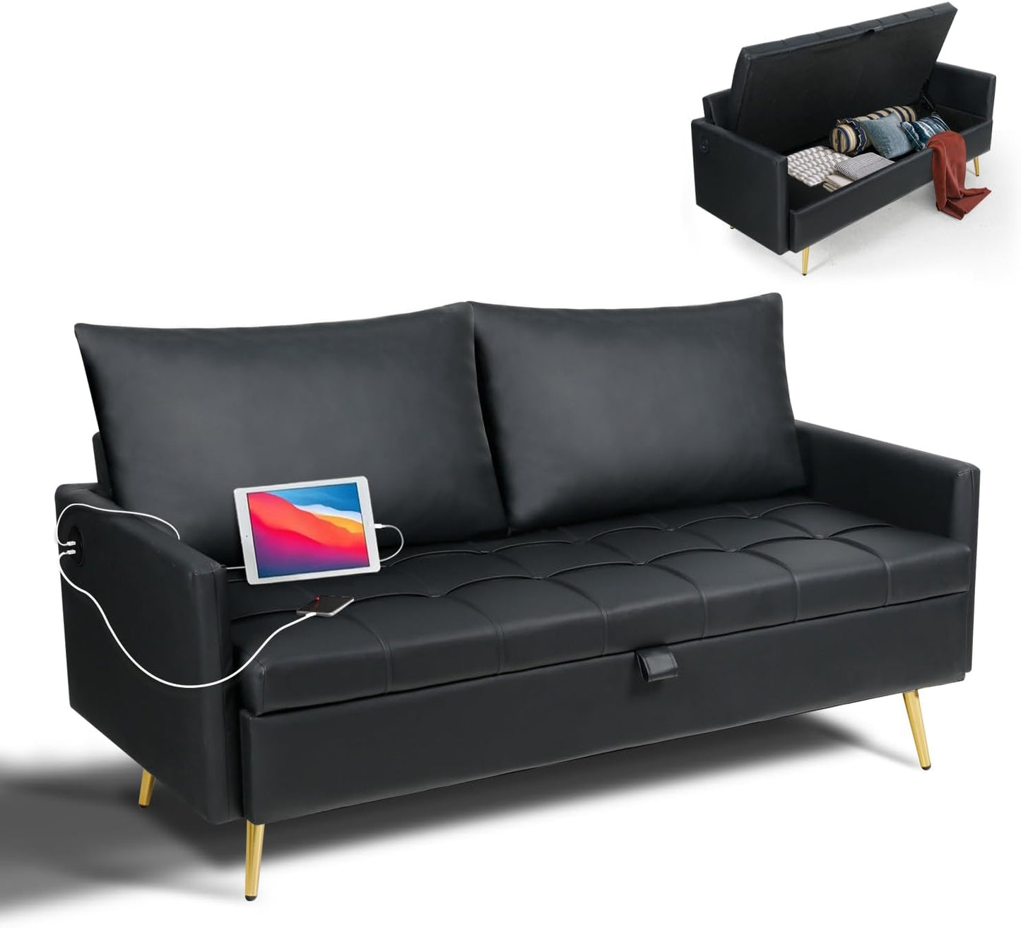 Coewske 60'' W Leather Loveseat Sofa Couch w/ Storage Space & 2 USB Charging Ports Black