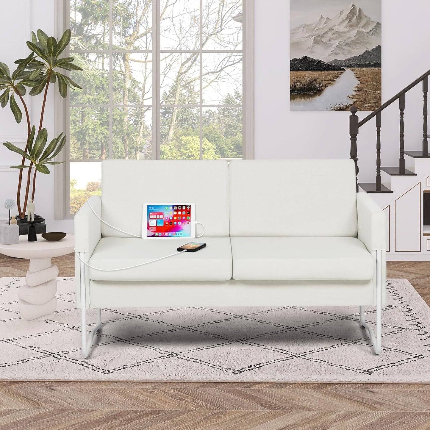 Coewske 51'' W Comfy Modern loveseat Sofa 2-Seat Small Sofa Couch w/ 2 USB Ports Cream Beige