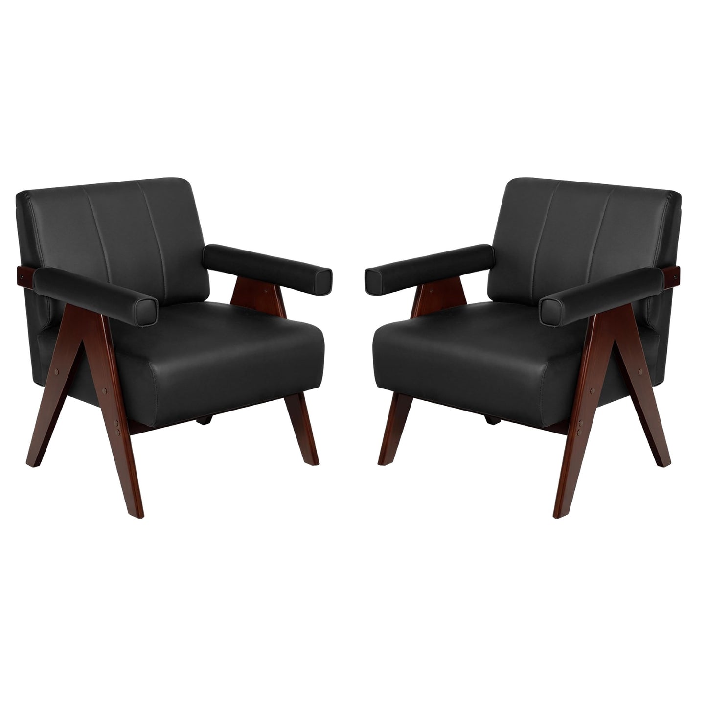 Coewske 2PCS Modern Comfy Accent Chair Leather Comfy Leisure Arm Chair w/ Wood Frame Home Office Black