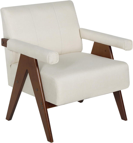 Coewske Modern Comfy Accent Chair Linen Frbric Comfy Leisure Arm Chair w/ Wood Frame Home Office Beige