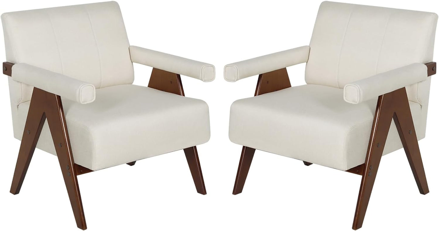 Coewske 2PCS Modern Comfy Accent Chair Linen Frbric Comfy Leisure Arm Chair w/ Wood Frame Home Office Beige