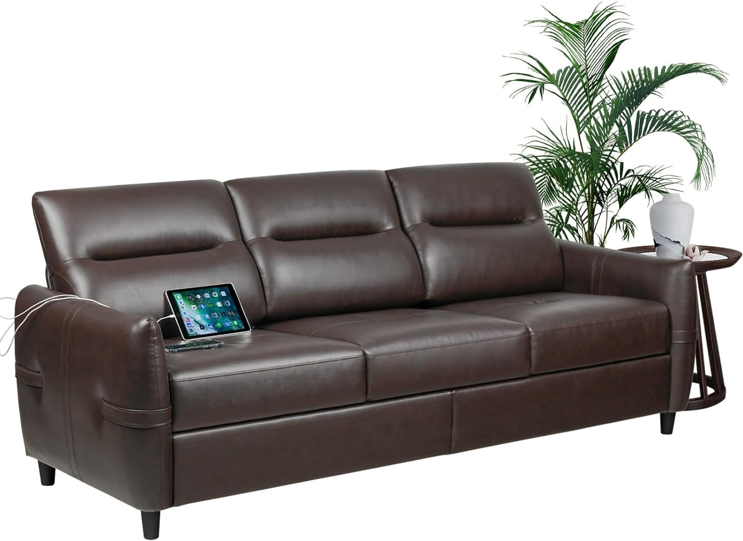 Coewske 85''W 3-Seater Modern Leather Sofa Couch Living Room Office w/ USB Ports Brown