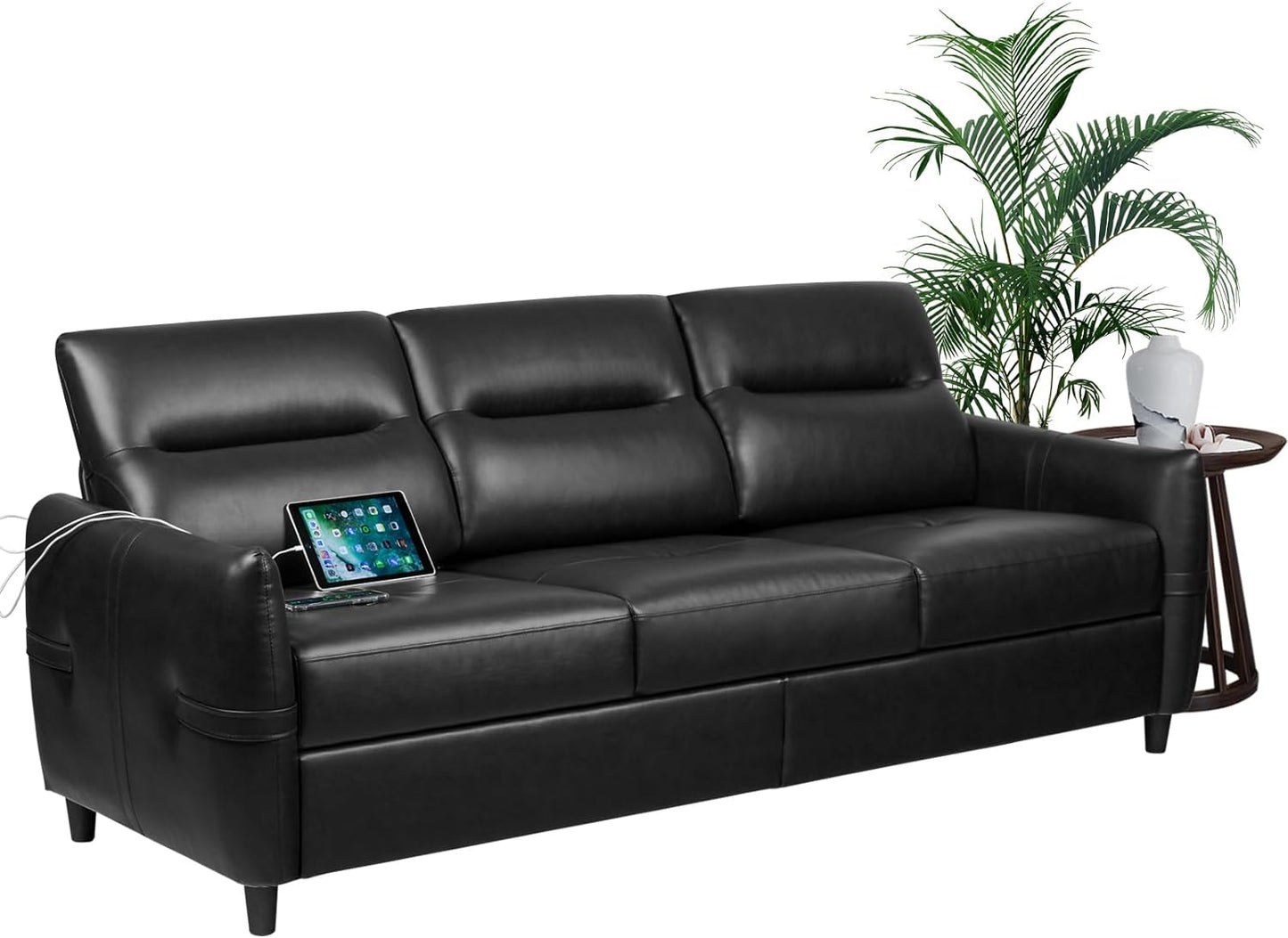 Coewske 85''W 3-Seater Modern Leather Sofa Couch Living Room Office w/ USB Ports Black