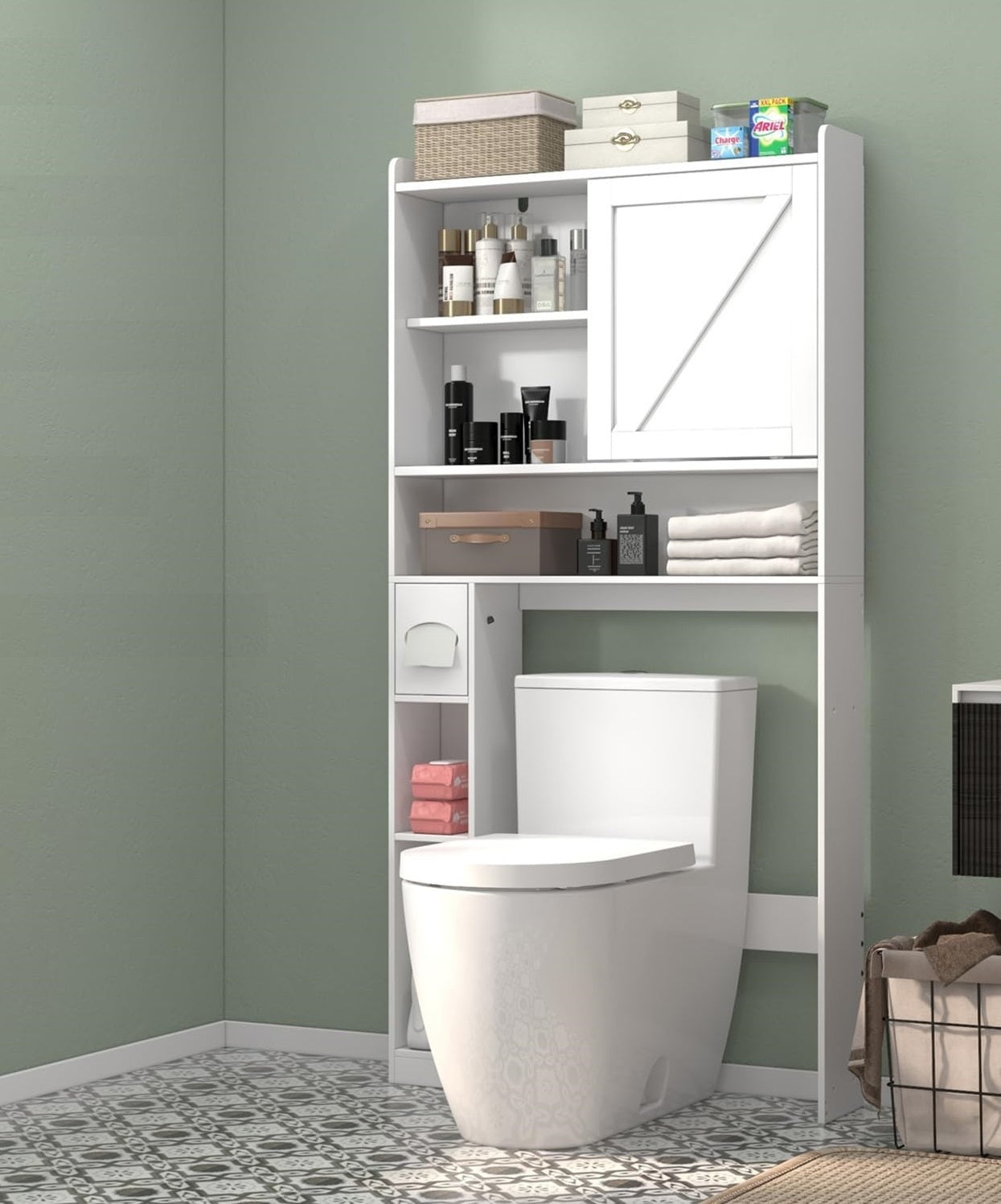 Coewske Over The Toilet Storage Cabinet Space-Saving Toilet Rack w/ Sliding Doors White