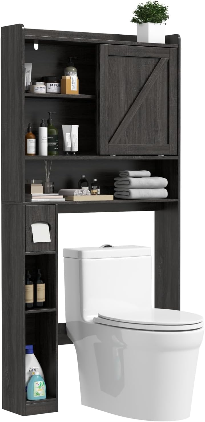 Coewske Over The Toilet Storage Cabinet Space-Saving Toilet Rack w/ Sliding Doors Gray