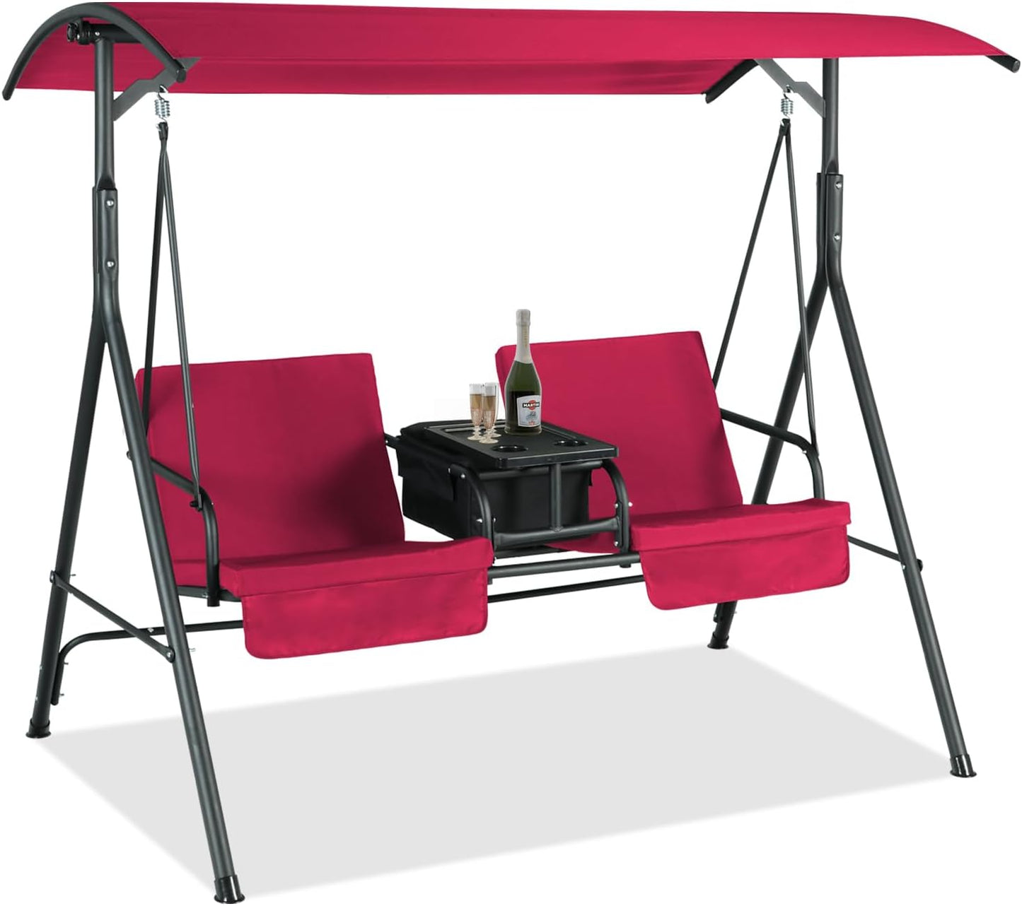 Coewske Cushioned Patio Porch Swing Chair Glider w/ Cooler Bag & Adjustable Canopy Wine Red