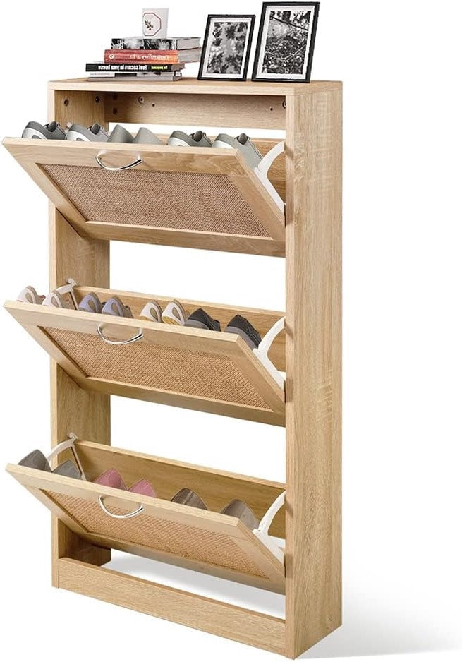 Coewske Slim 3 Tier Entryway Shoe Cabinet Narrow Wooden Storage Shoe Rack w/ 3 Flip Drawers
