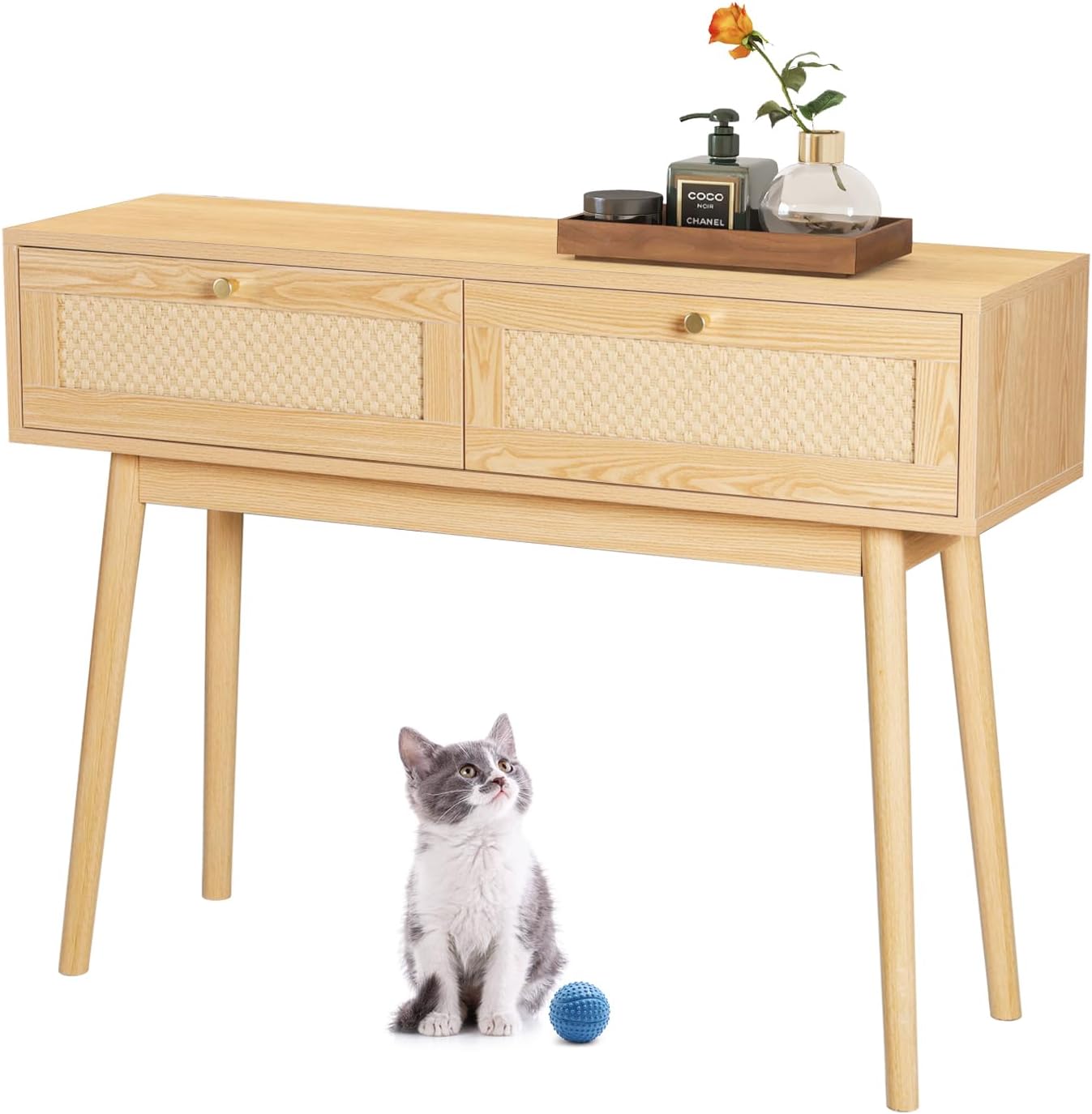 Coewske Kraft Woven Rattan Console Table Wood Narrow Entryway Table Accent Sofa Table w/ 2 Drawers