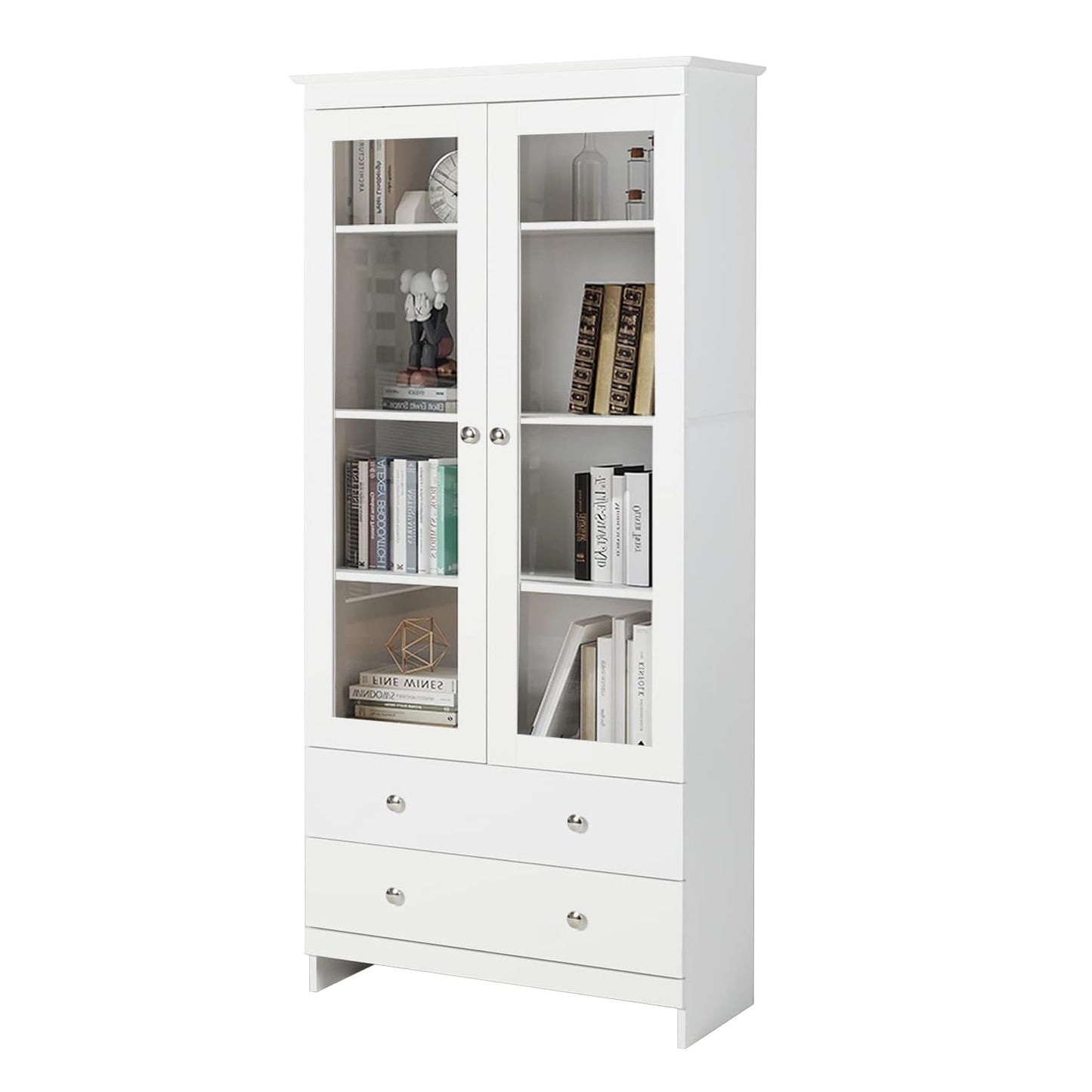 Coewske Wooden White Bookcase Tall Display Cabinet Bookshelf Organizer Pantry w/ Glass Doors