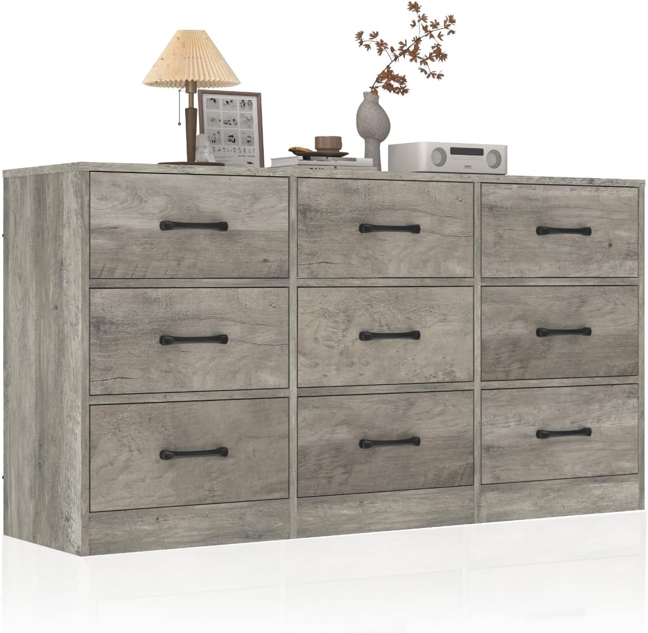 Coewske 9 Drawer Dresser 50'' Wood Dresser Chests of Drawers for Bedroom w/ Fabric Drawers Gray