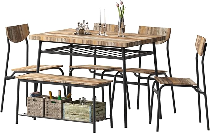 Coewske 6PCS Dining Set for 6 Kitchen Dining Table & Chair Set with Storage Rack Retro Brown