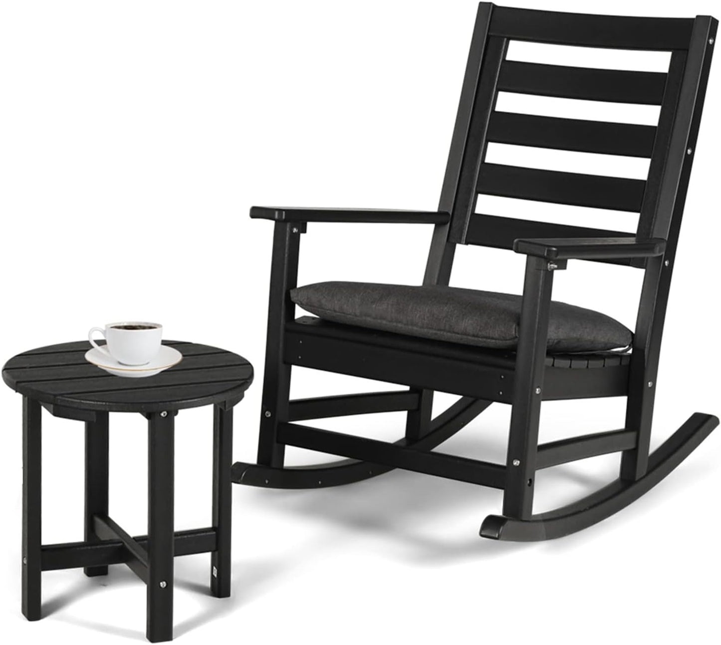 Coewske 2PCS Patio Rocking Chair & Table Set HDPE Weather Resistant Rocker Set Outdoor w/ Cushion