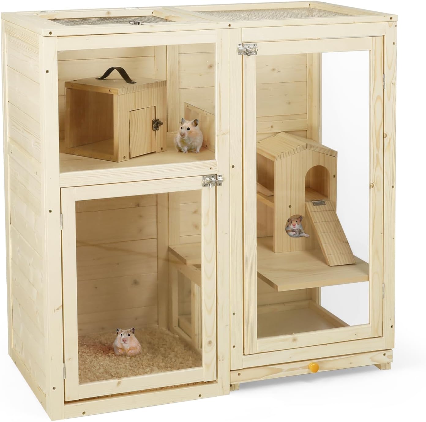 Coewske Wooden Hamster Cage for Guinea Pig Rabbit Small Animals Anti-Chewing w/ Mobile Small House