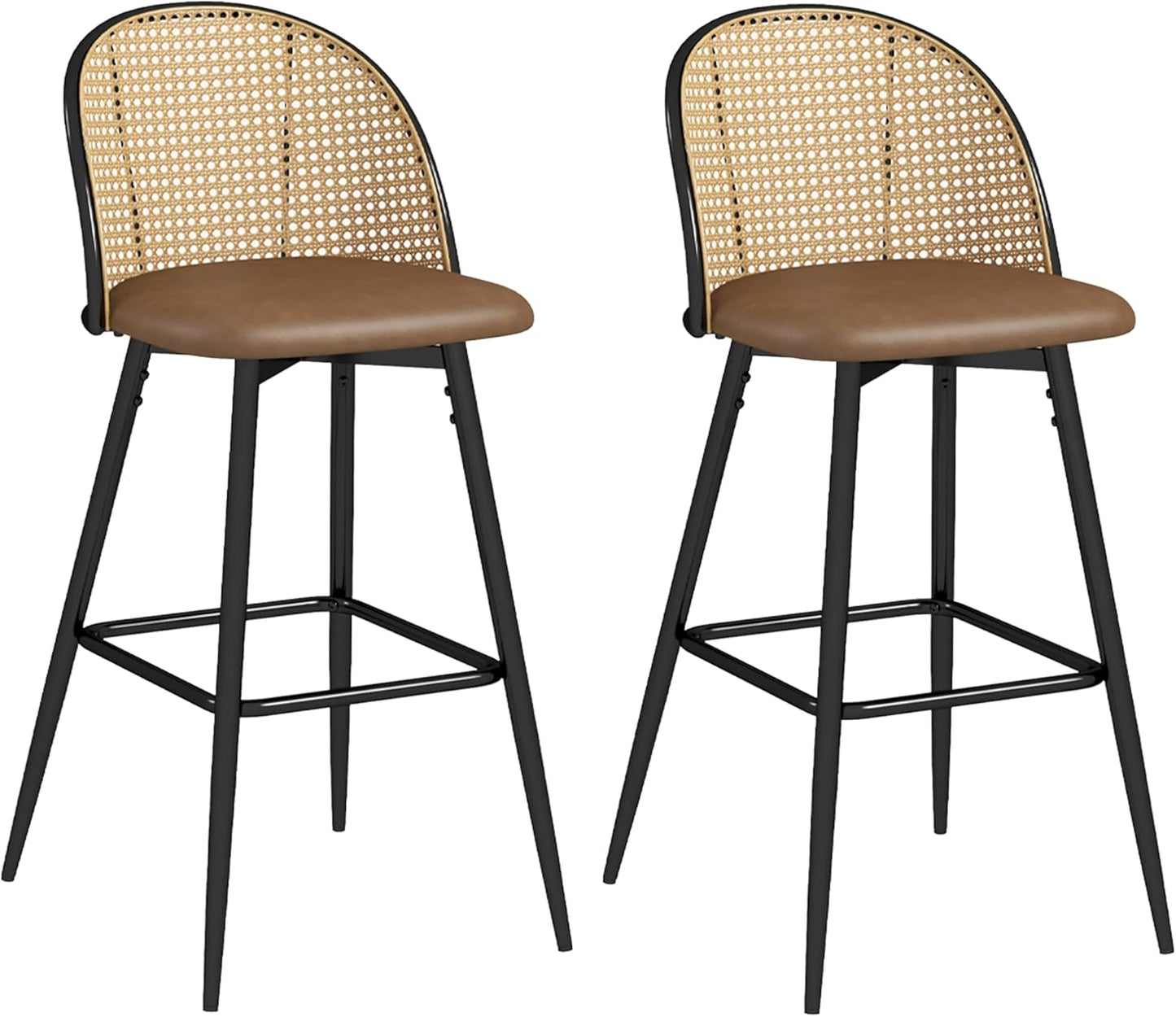 Coewske 2PCS Rattan Swivel Bar Stool Upholstered Counter Height Bar Chair Set w/ Metal Legs Brown