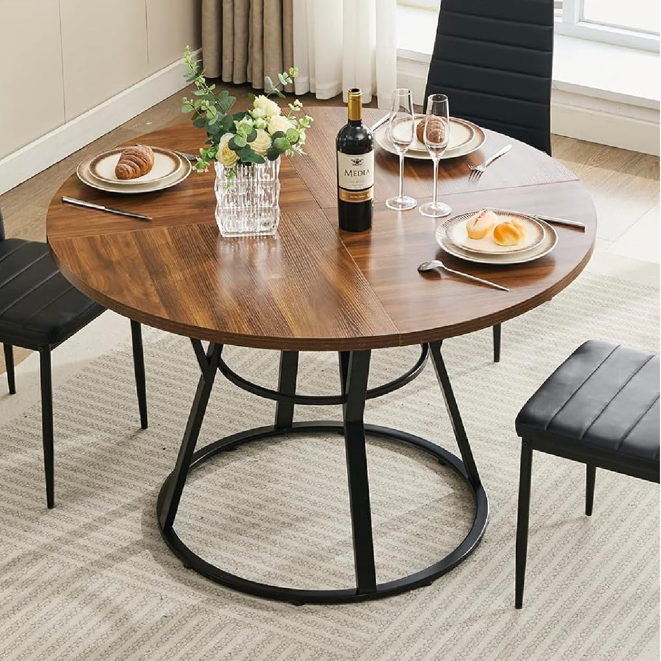 Coewske 47 Inch Round Dining Table for 4 to 6 Kitchen Table w/ Metal Frame Rustic Brown