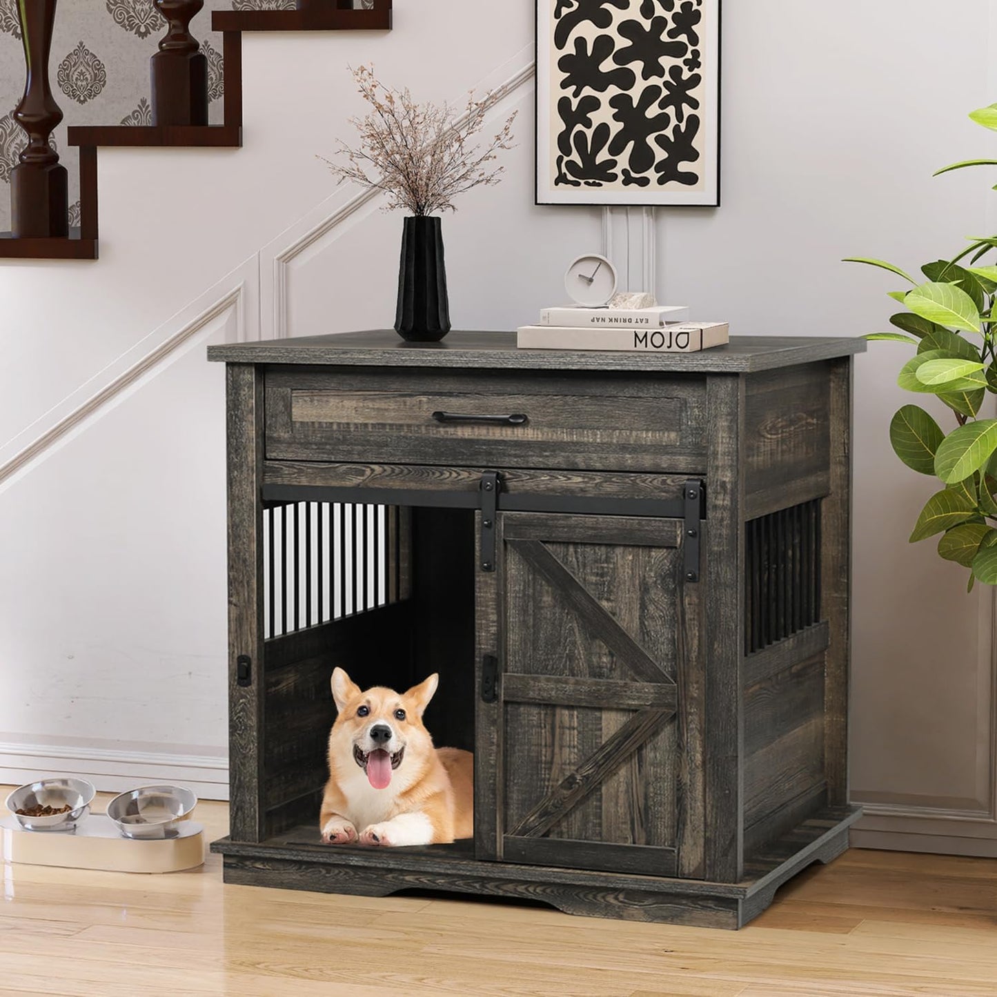 Coewske 31 inch Farmhouse Dog Crate Furniture Wooden Dog Kennel Cage Pet House End Table