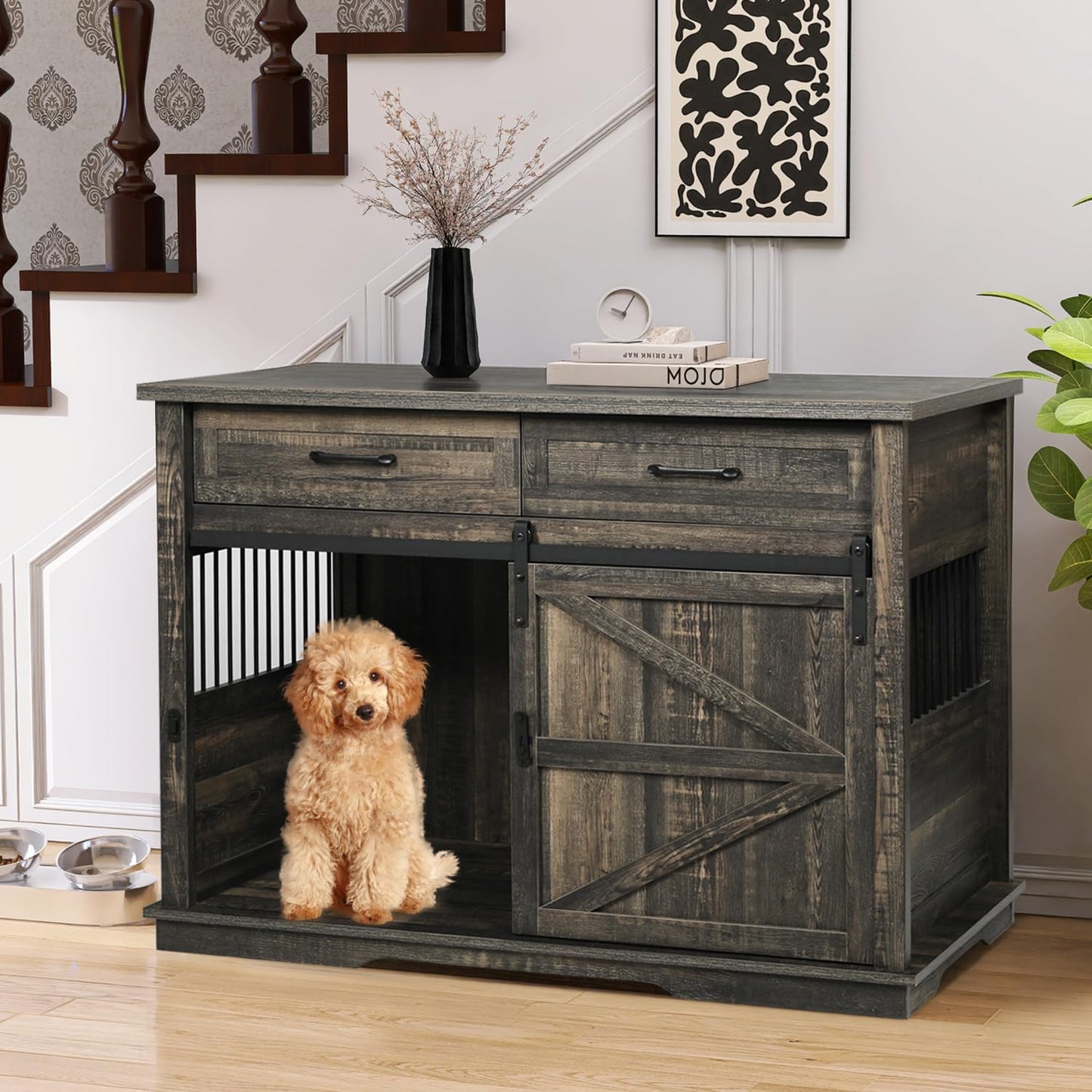 Coewske 47 inch Farmhouse Dog Crate Furniture Wooden Dog Kennel Cage Pet House End Table