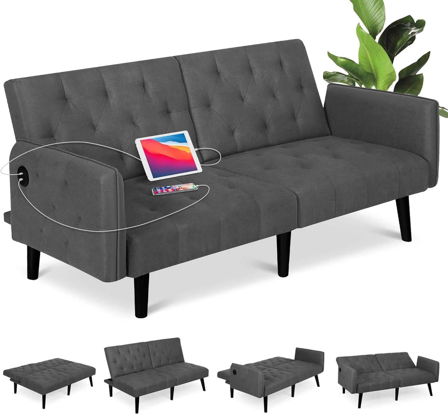 Coewske 63'' W Leather Convertible Futon Sofa Bed Tufted Folding Couch w/ 2 USB Charge Ports Gray