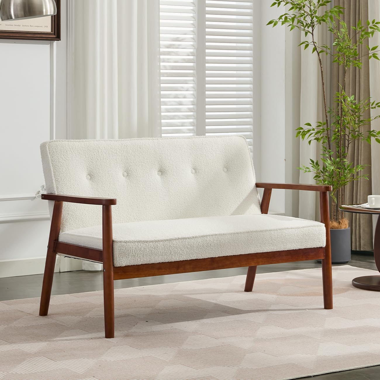 Coewske 2 Seat Modern Sofa Couch Chair Teddy Fleece Loveseat w/ Wood Frame Beige