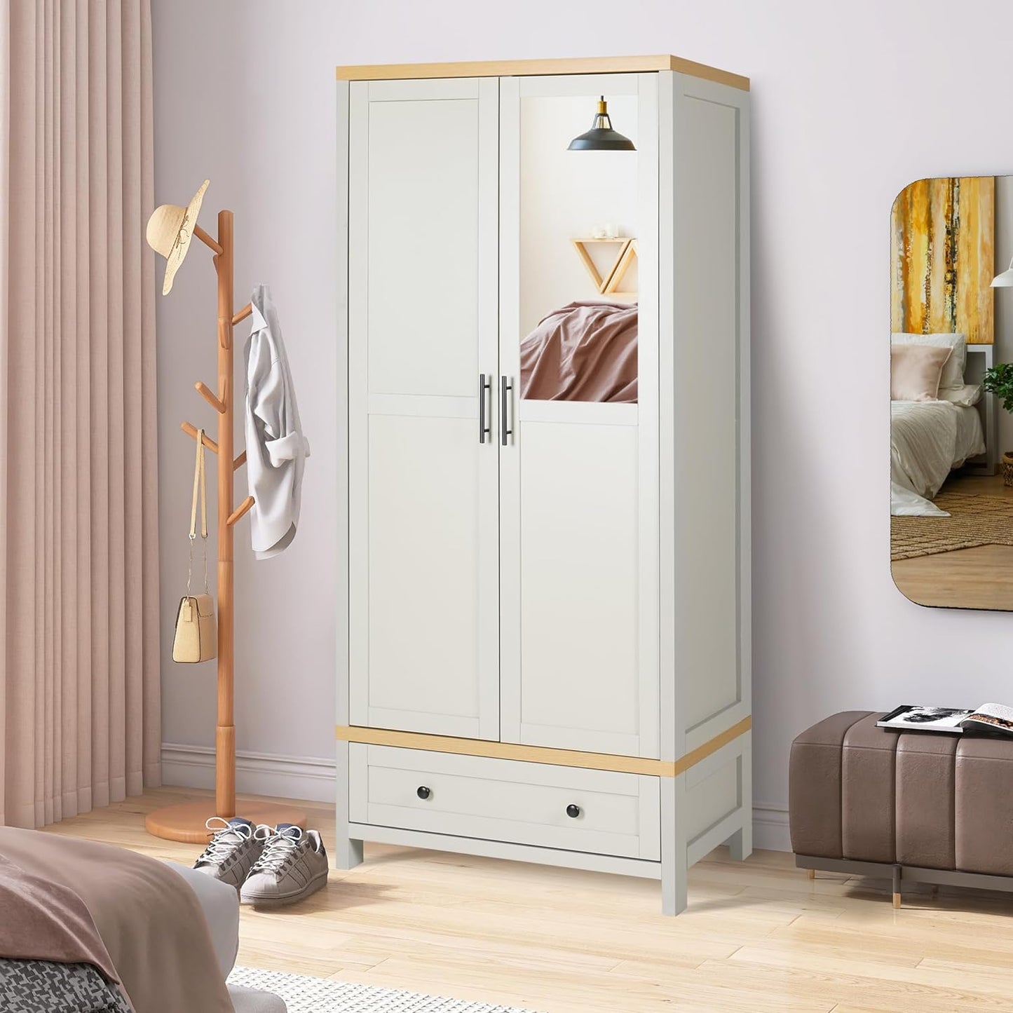 Coewske Tall Armoire Wardrobe Closet Storage Cabinet Clothes Organizer w/ Mirror & Drawer