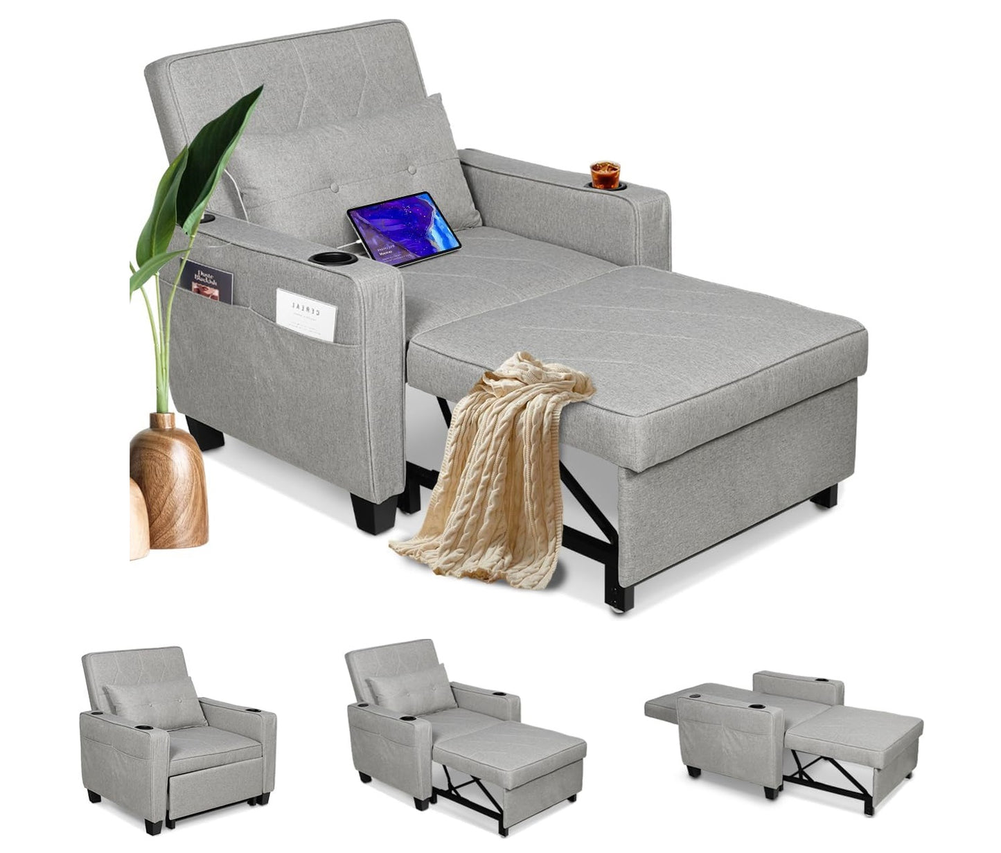 Coewske 3 in 1 Convertible Sofa Bed Chair Sleeper Recliner w/ Adjustable Backrest & Pillow Gray