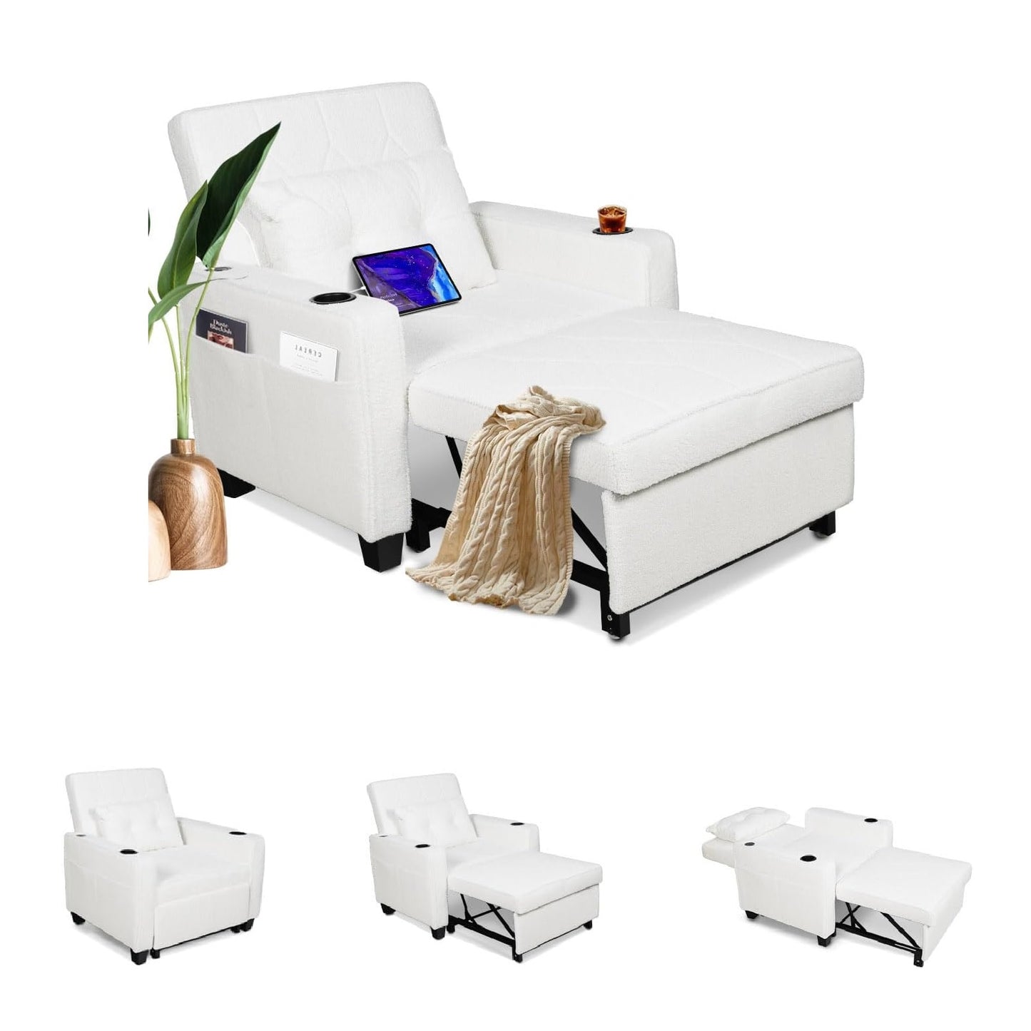 Coewske 3 in 1 Convertible Sofa Bed Chair Sleeper Recliner w/ Adjustable Backrest & Pillow White