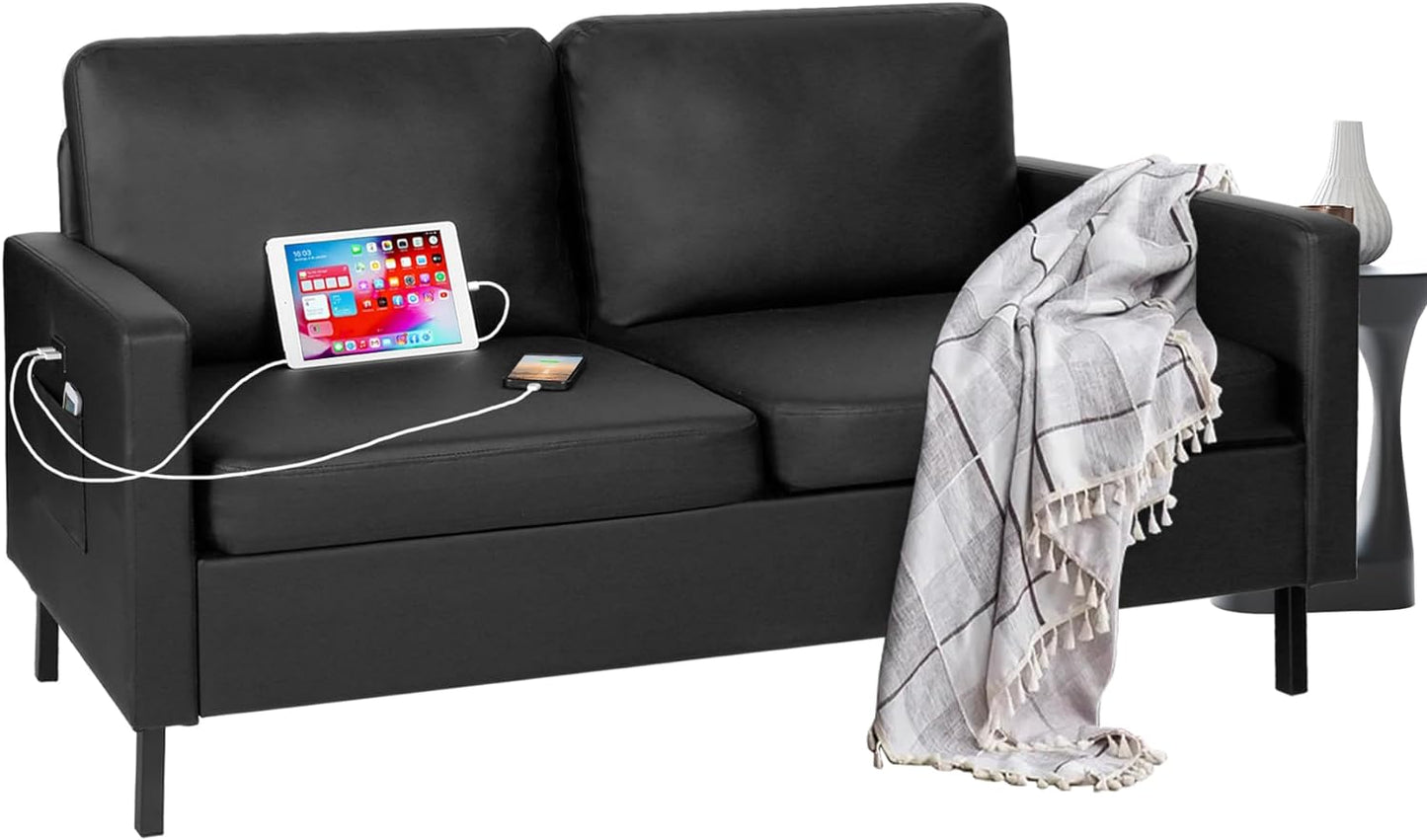 Coewske 56'' Faux Leather Loveseat Sofa Comfy 2-Seat Couch w/ 2 USB Charge Ports Black