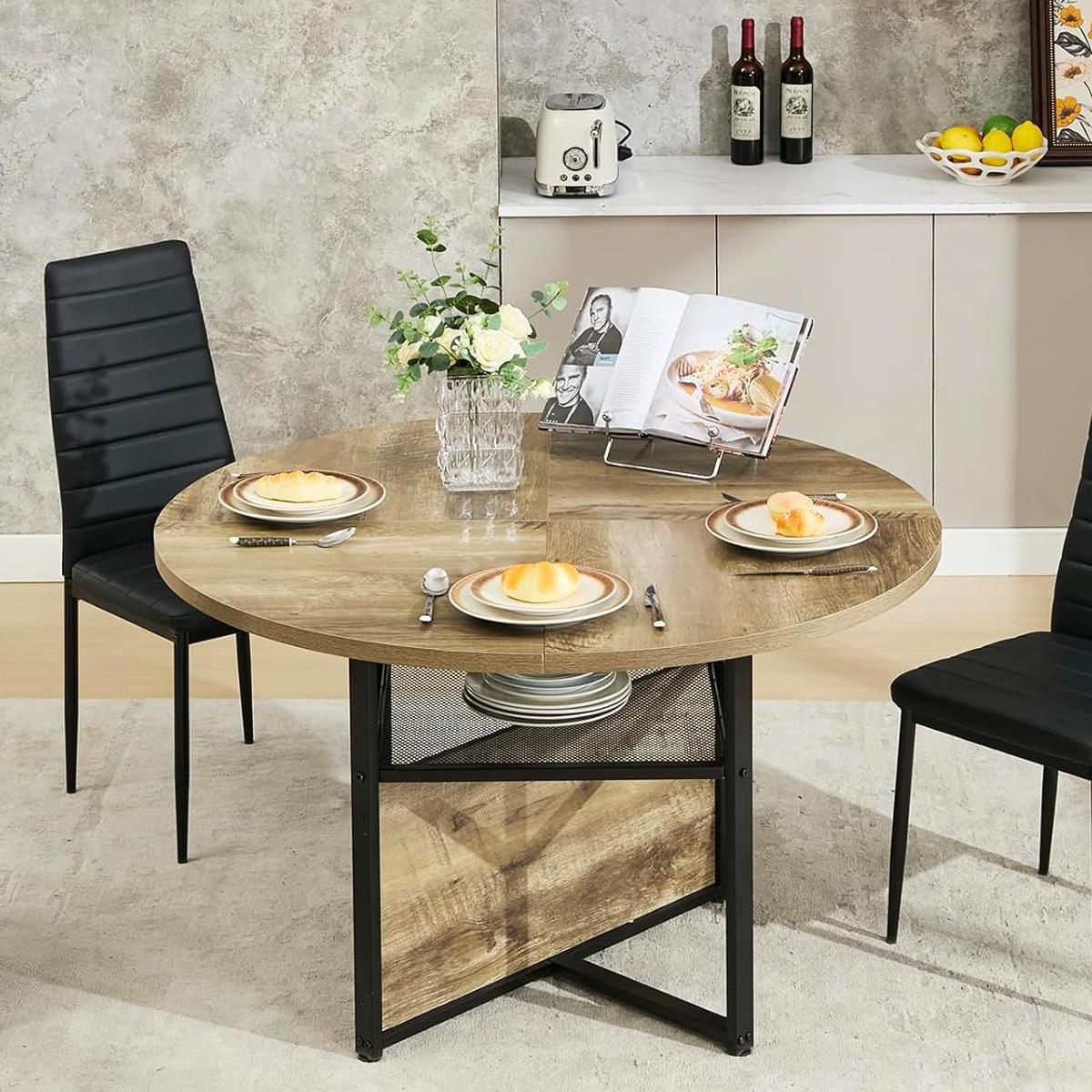 Coewske 47-inch Rustic Round Kitchen Dining Table for 4-6 w/ Storage Shelf & Metal Frame Gray