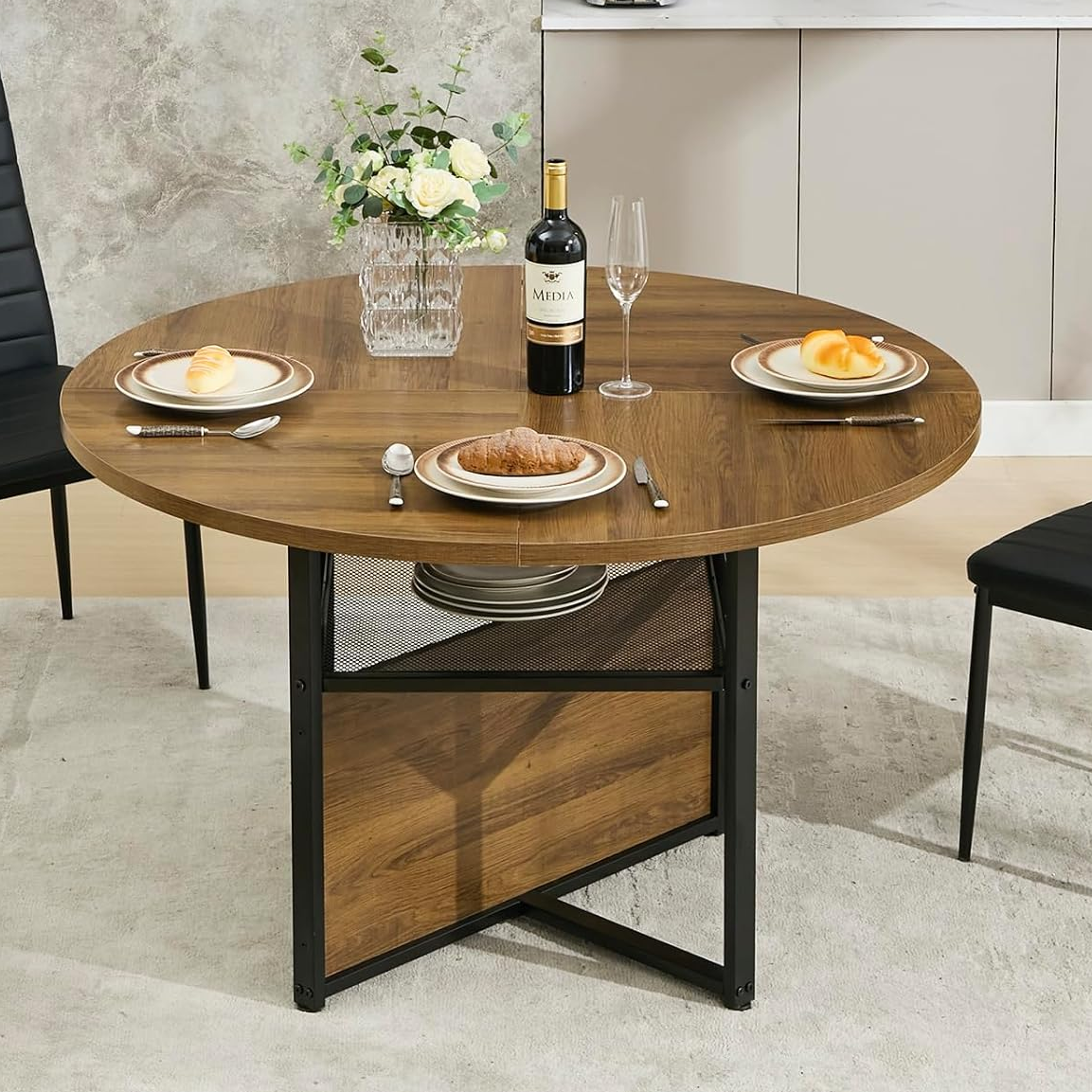 Coewske 47-inch Rustic Round Kitchen Dining Table for 4-6 w/ Storage Shelf & Metal Frame Brown