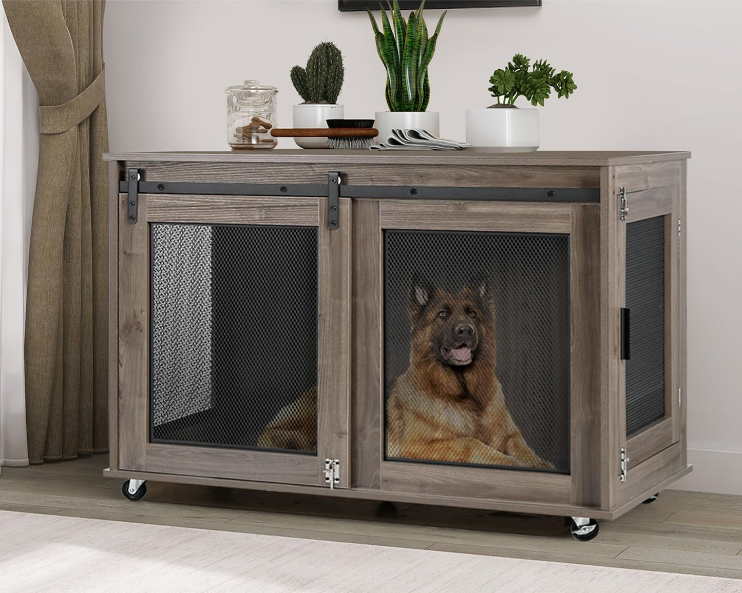 Coewske 47'' Wooden XL Dog Crate Furniture Dog Kennel Cage w/ Sliding Doors & Wheels