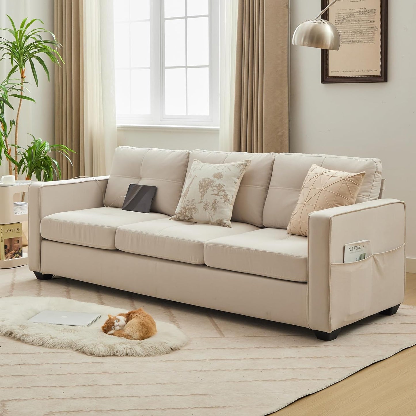 Coewske 88'' 3-Seat Fabric Linen Sofa Couch Home Office w/ USB Ports Beige
