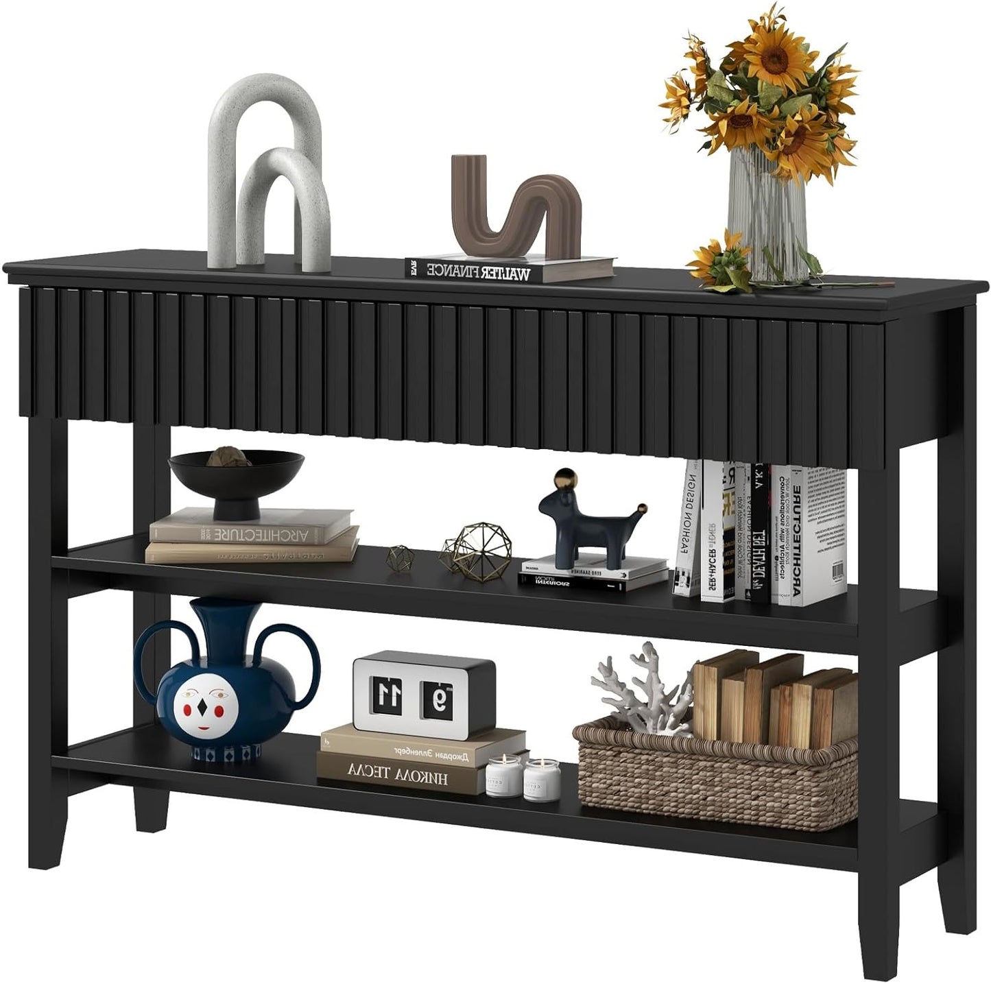 Coewske Narrow Console Table Painted Wood Long Sofa Entryway Table w/ 3 Drawers & 2-Tier Shelf Black