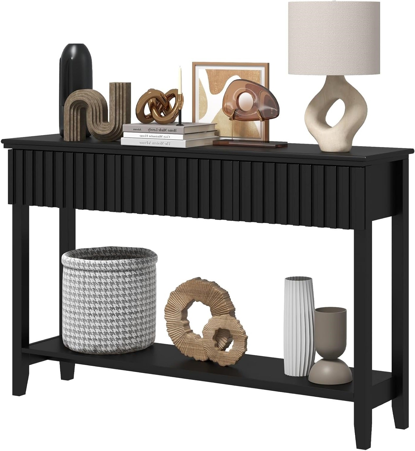 Coewske Narrow Console Table Painted Wood Long Sofa Entryway Table w/ 3 Drawers & Open Shelf Black