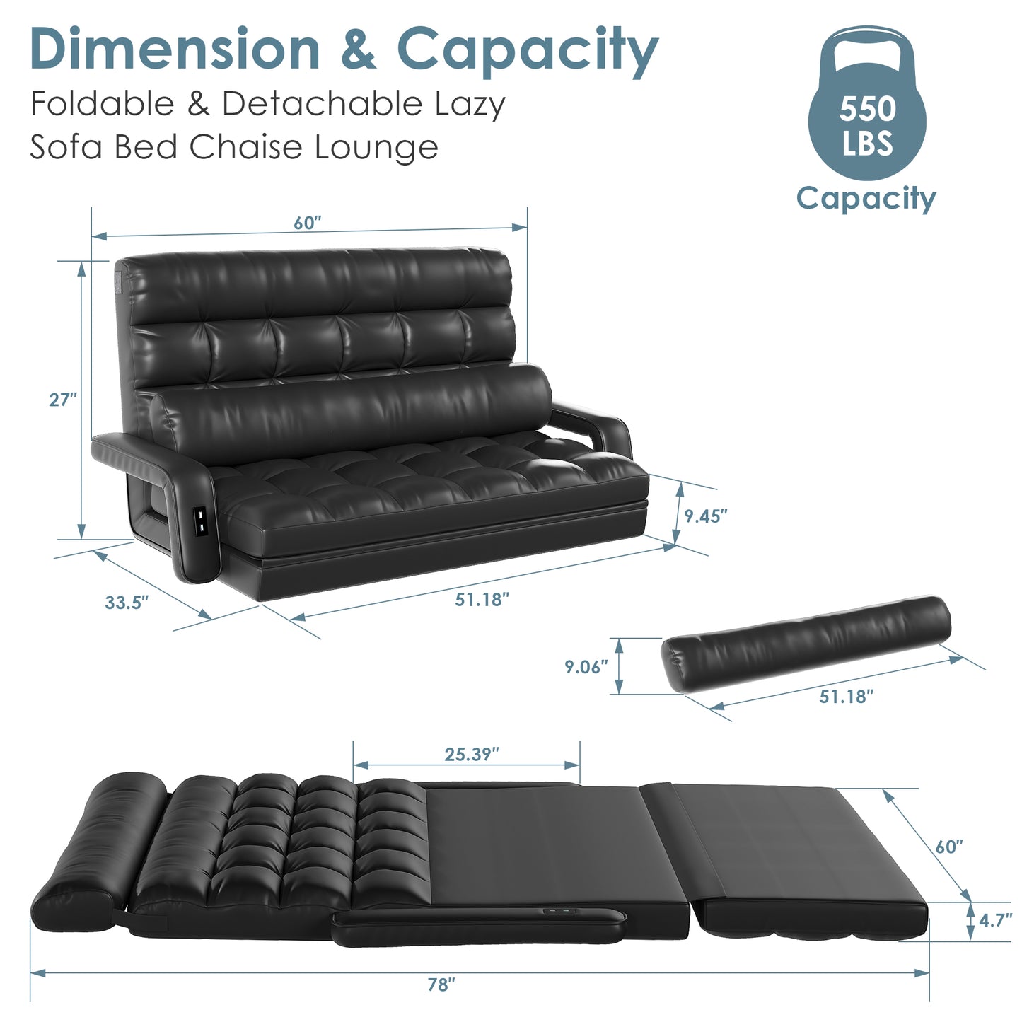 STHOUYN 6-Position Floor Lounge Sofa Bedroom Fold Out Couch, Floor Seating Bean Bag Bed RV No Bones Couch for Adults, Convertible Sleeper Memory Foam Lazy Sofa, Boneless Bed Furniture (Black Leather)