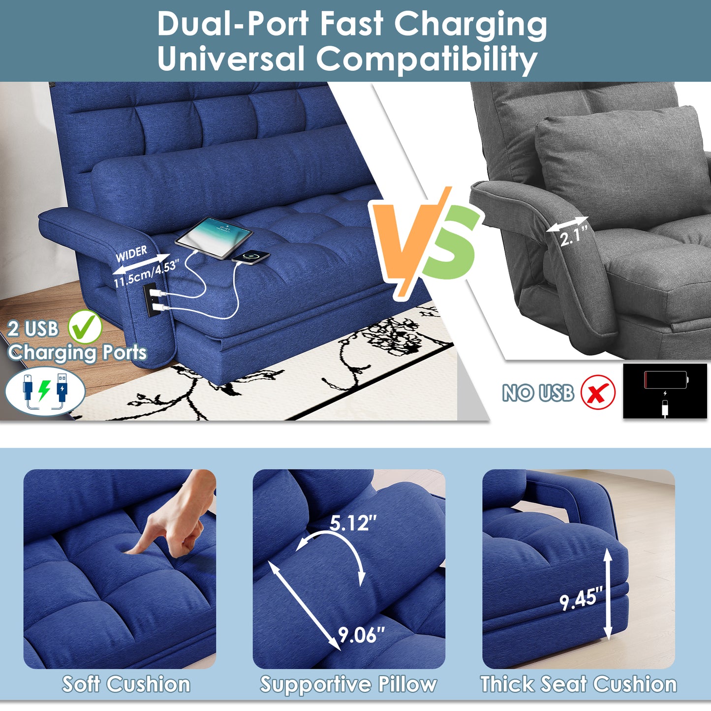 STHOUYN 6-Position Floor Lounge Sofa Bedroom Fold Out Couch, Floor Seating Bean Bag Bed RV No Bones Couch for Adults, Memory Foam Lazy Sofa, Boneless Bed Furniture (Blue Fabric)