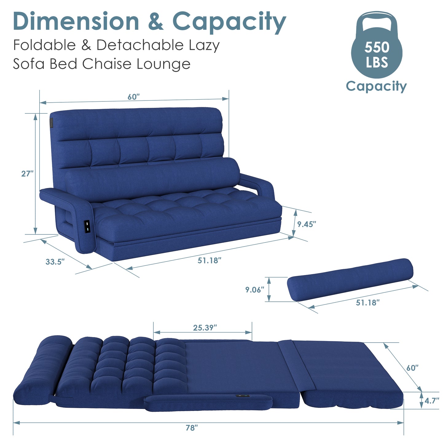 STHOUYN 6-Position Floor Lounge Sofa Bedroom Fold Out Couch, Floor Seating Bean Bag Bed RV No Bones Couch for Adults, Memory Foam Lazy Sofa, Boneless Bed Furniture (Blue Fabric)