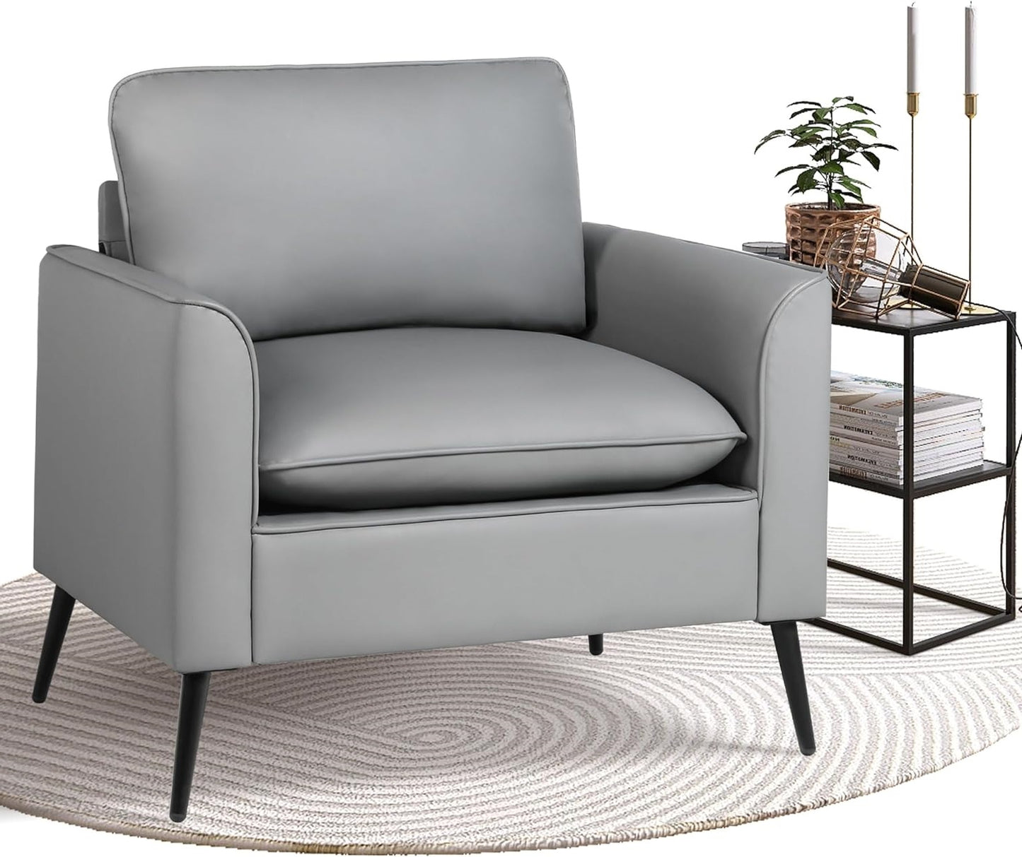 Coewske Modern Leather Accent Chair Comfy Single Sofa Chair for Living Room Bedroom Office Gray