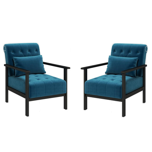 Coewske 2PCS Blue Velvet Modern Accent Chair Upholstered Armchair w/ Pillow Wood Frame