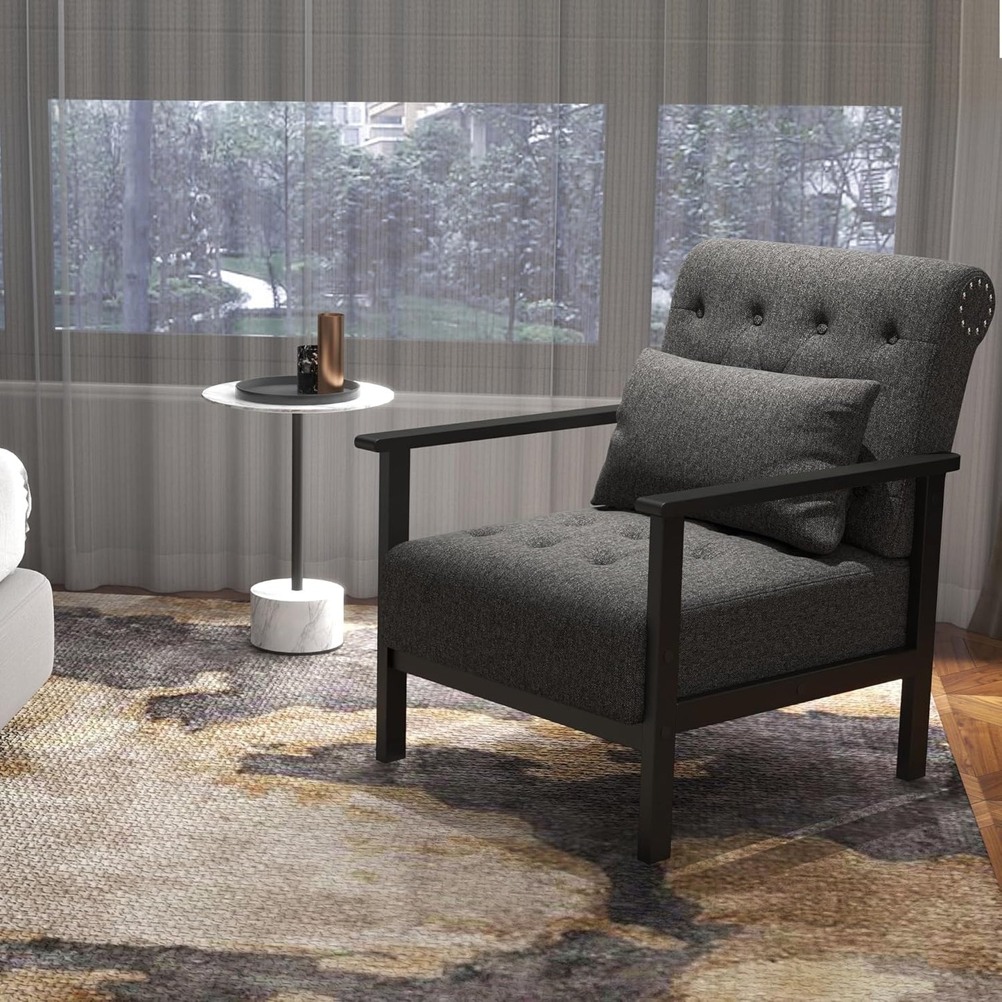 Coewske Gray Fabric Modern Accent Chair Upholstered Armchair w/ Pillow Wood Frame