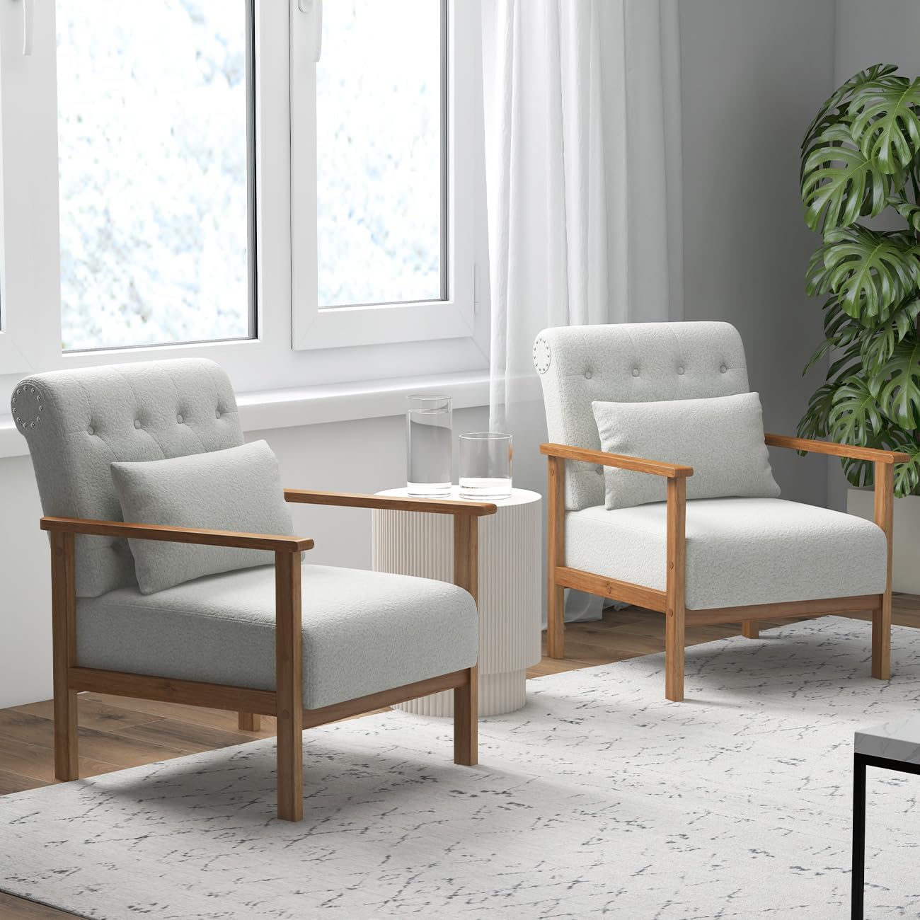 Coewske 2PCS White Boucle Modern Accent Chair Upholstered Armchair w/ Pillow Wood Frame