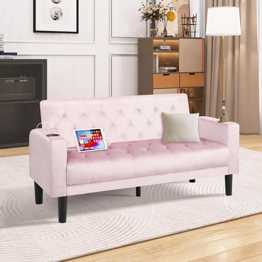 Coewske 62''W Faux Leather Sofa Couch Tufted Loveseat w/ 2 USB Charger Ports & Cup Holders Pink