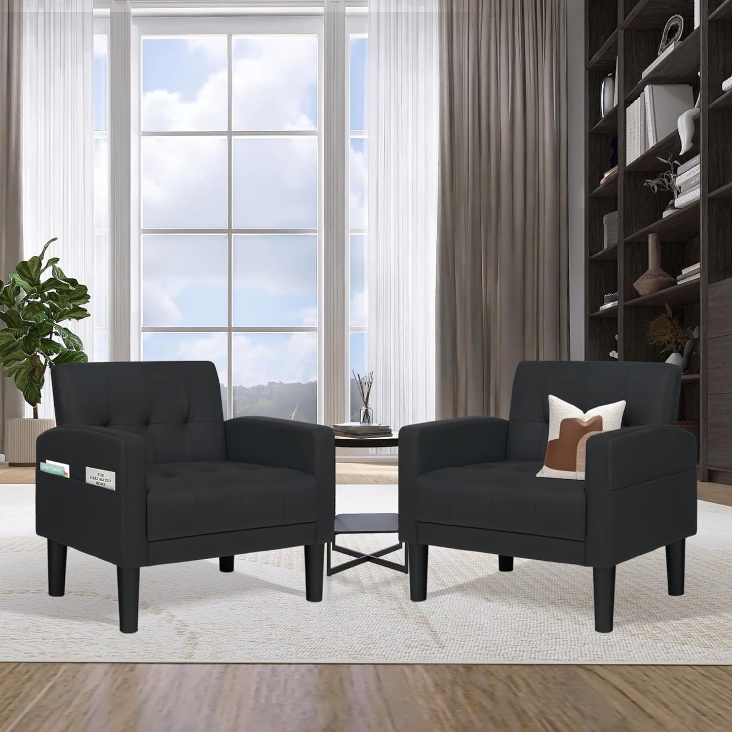 Coewske 2PCS Leather Modern Accent Chair Tufted Cozy Single Sofa Chair Armchair w/ Side Pocket Black